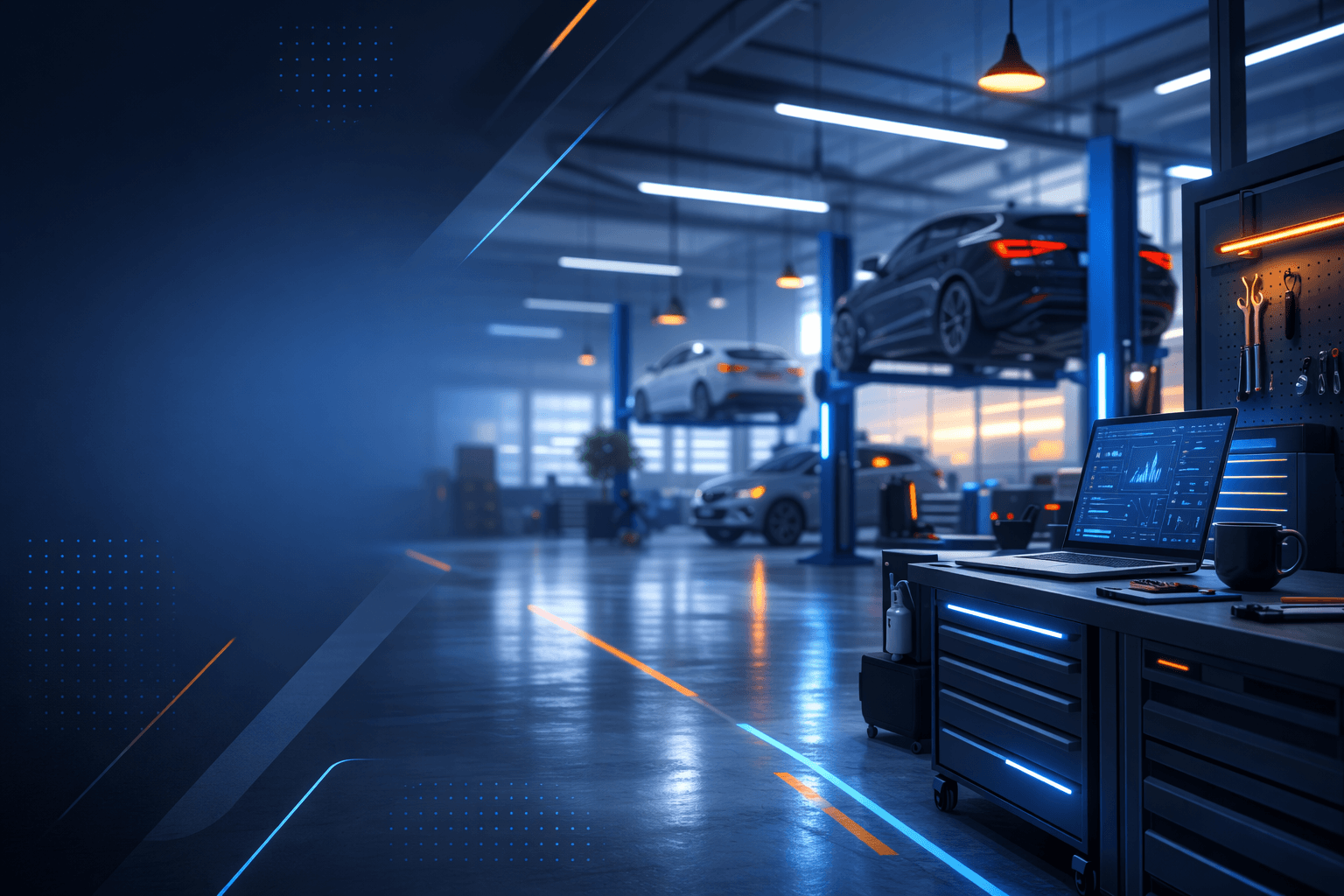 Interior de taller moderno con vehículos en elevadores y pantallas de control